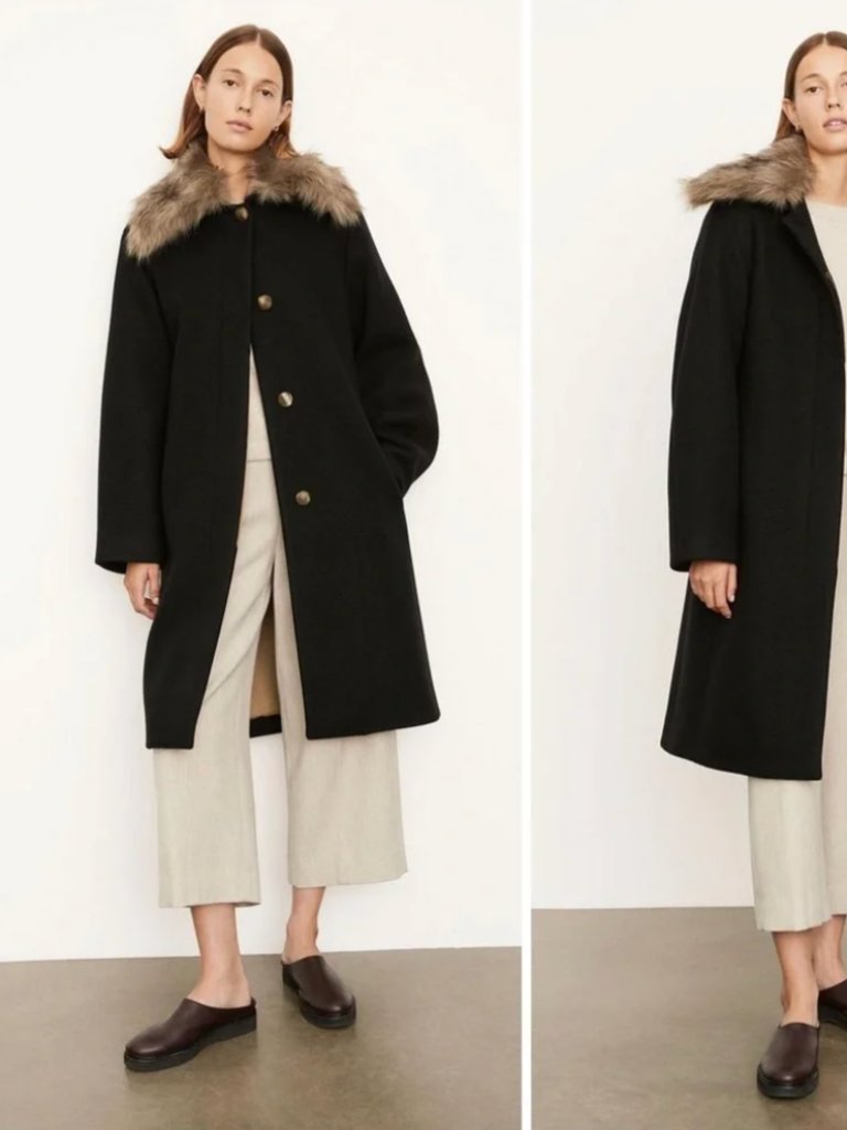 Vince Faux Fur Collar Trench Coat Size Xl Black Wool Blend Button Front Womens
